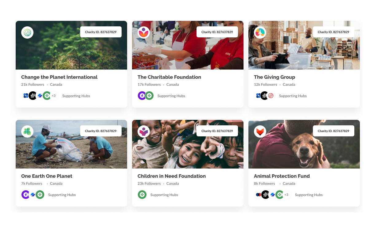 This image shows a snapshot of the Kambeo platform's "explore groups" functionality. There are 6 different nonprofit profiles that appear.
