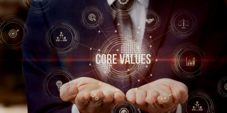 Hands holding out "Core Values" text